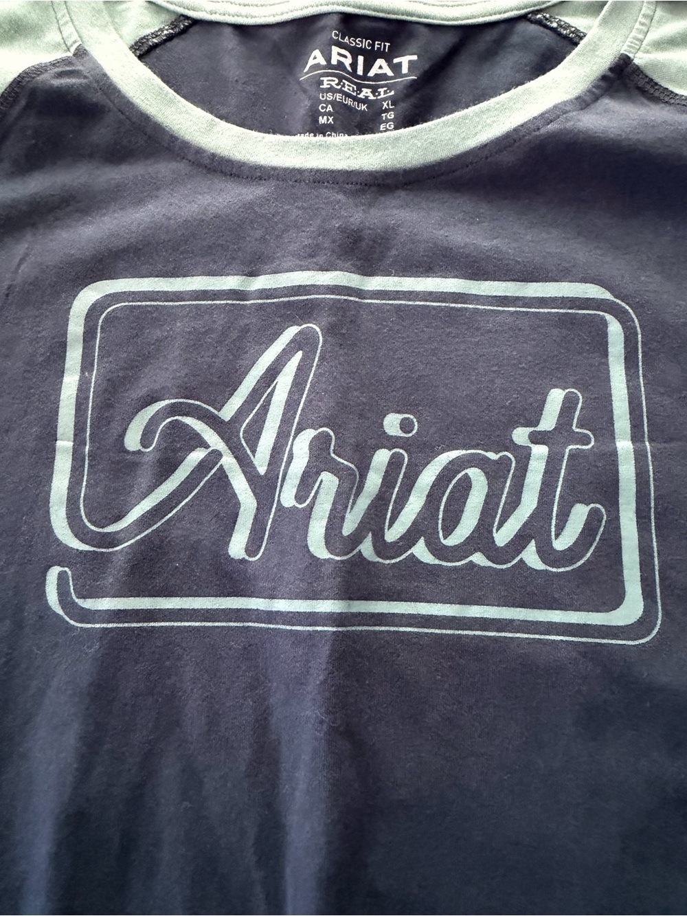 Ariat Womens Two-Tone Navy and Sage Long Sleeve Raglan Top - Picture 2 of 5